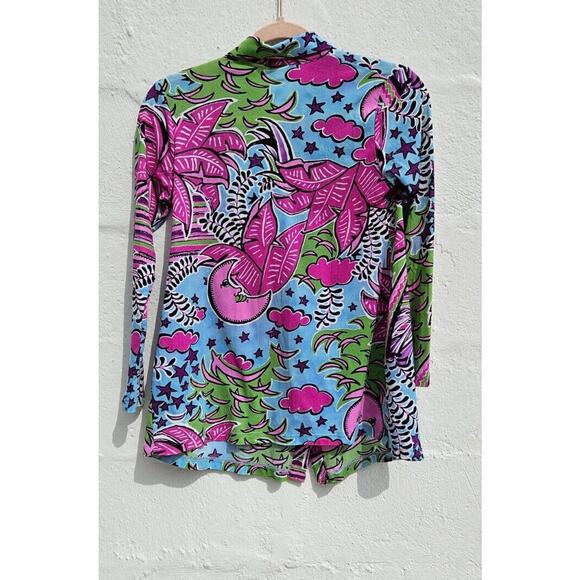 Vintage Y2K Womens Top Small Pink Blue Moon Sky Tropical Ruched Button Up Shirt - Picture 7 of 11